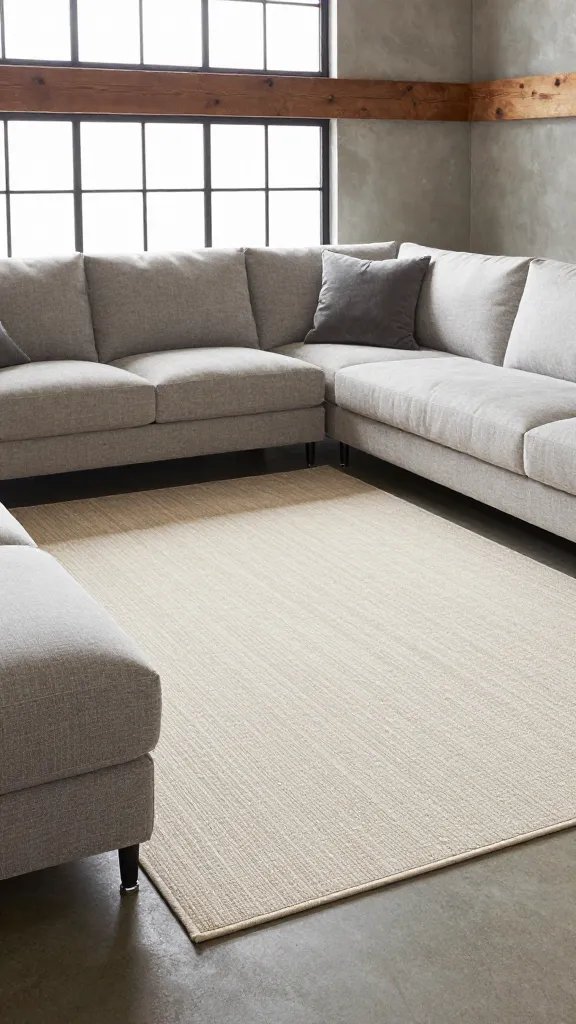 Area rug anchoring seating arrangement in loft space