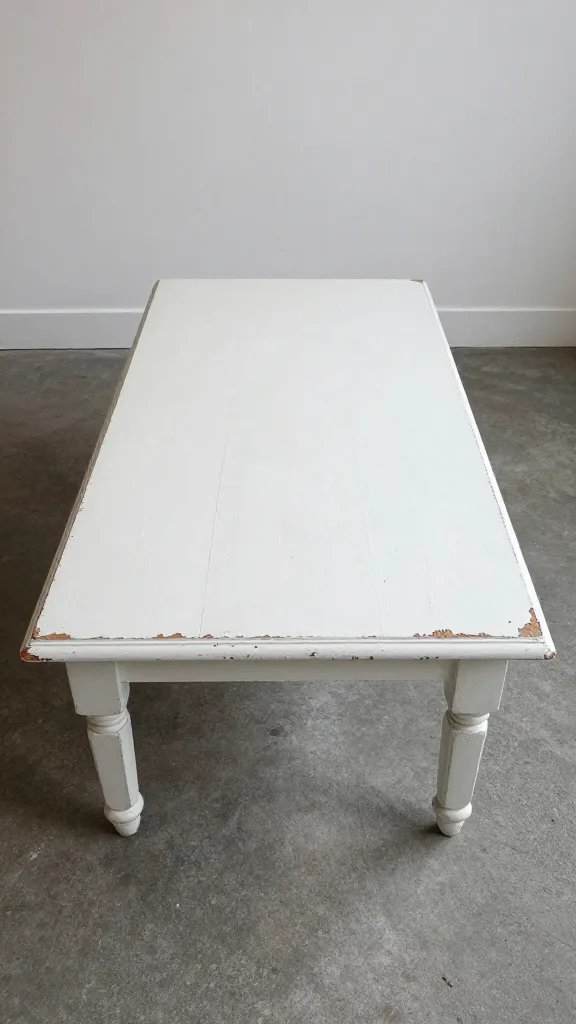 Distressed white vintage coffee table with peeling paint