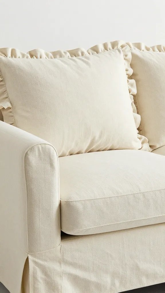 Cream linen slipcover sofa with ruffled cushions
