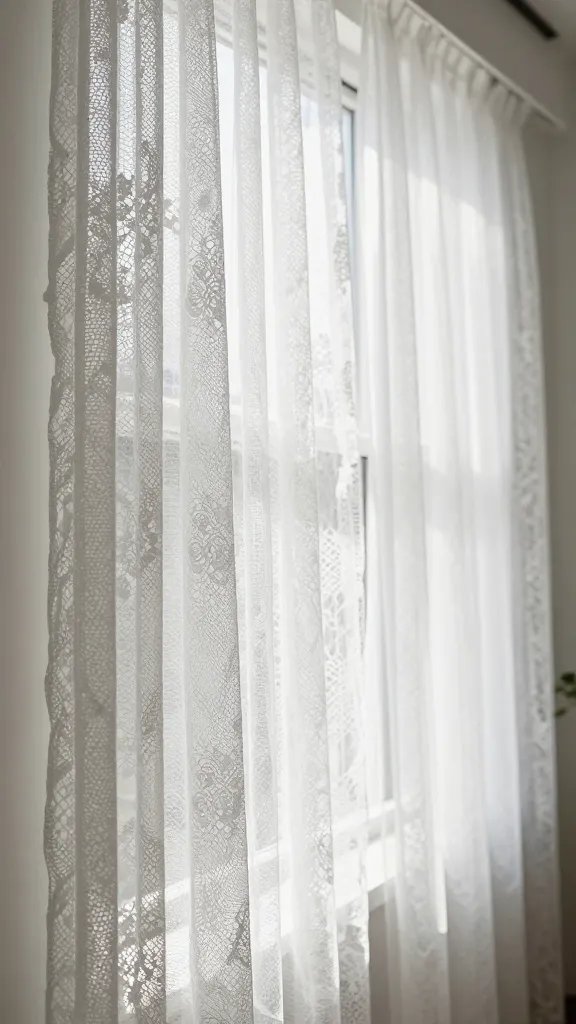 White lace curtains draped over sunlit window