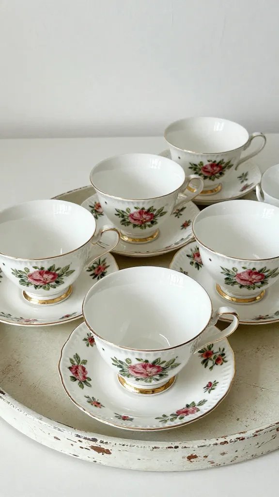 Vintage floral teacups arranged on distressed tray