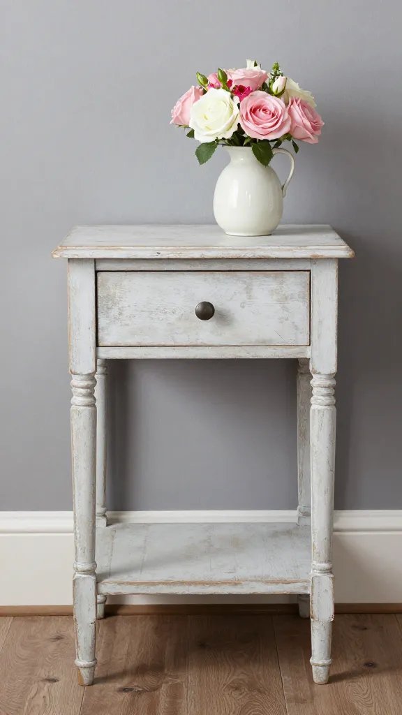 Whitewashed wooden side table with romantic decor