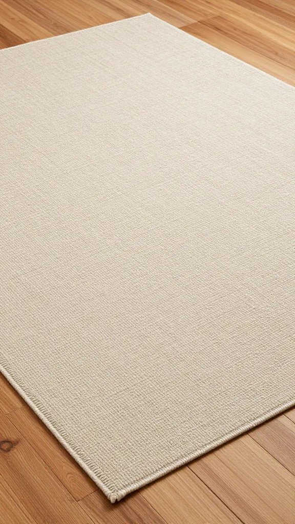 Textured beige wool rug on hardwood floor