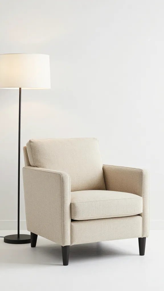 Beige accent chair next to floor lamp