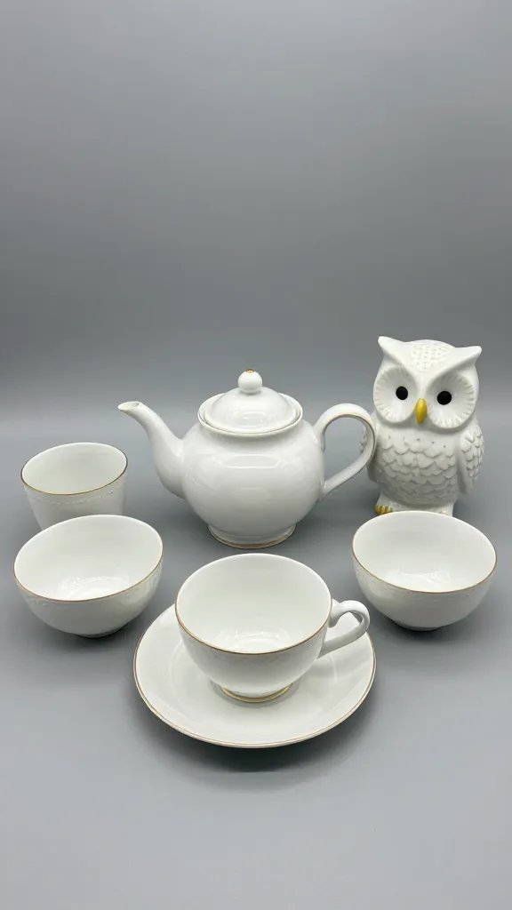 Vintage tea set displayed with ceramic owl figurine