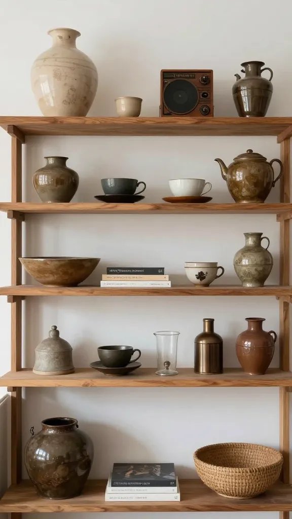 Eclectic shelf styling with mixed era decorative objects