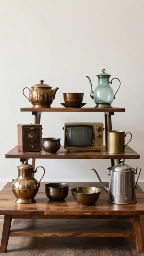 Layered vintage and antique items on coffee table