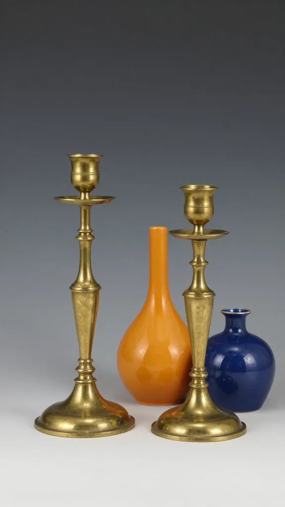Antique brass candlesticks with thrifted colorful vases