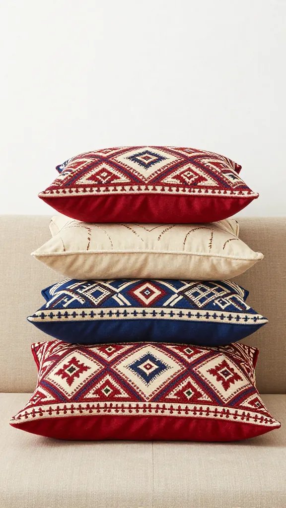 Mismatched Moroccan cushions layered on low sofa