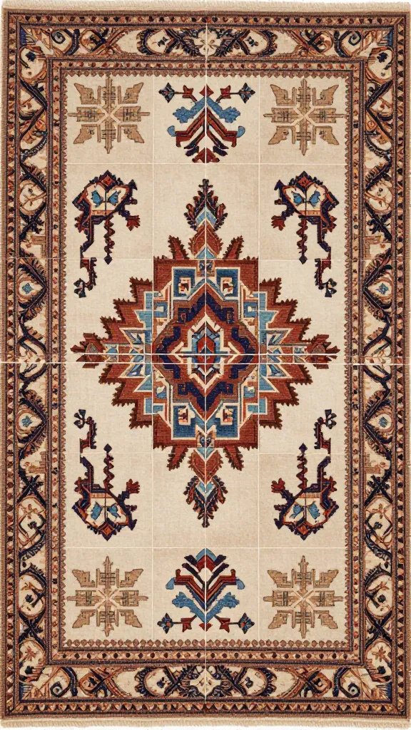 Geometric tile floor with tribal patterned rug layered