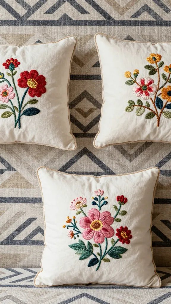 Embroidered floral pillows against geometric textile backdrop