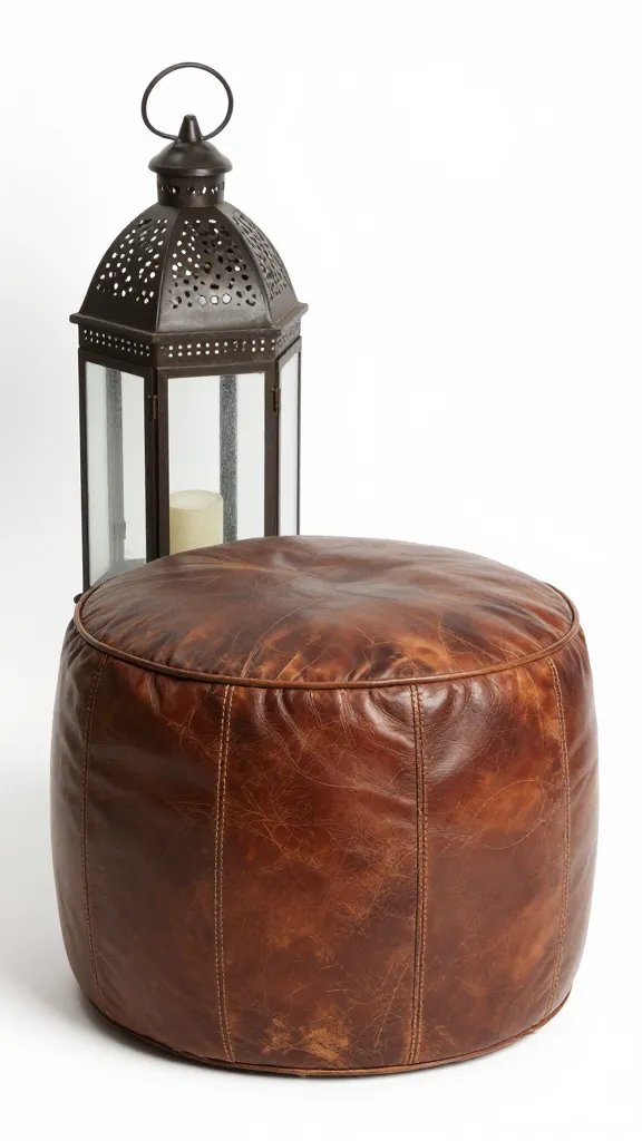 Worn leather pouf next to ornate lantern