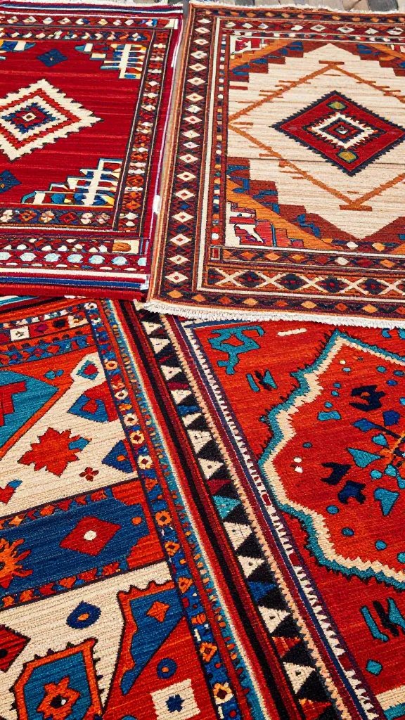 Colorful Moroccan rugs overlapping on floor