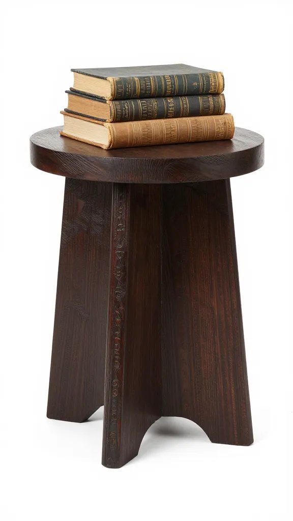 Hand-carved side table with stacked vintage books