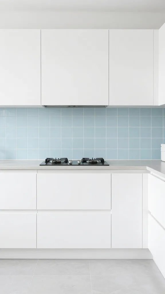 White coastal kitchen with soft blue backsplash tiles