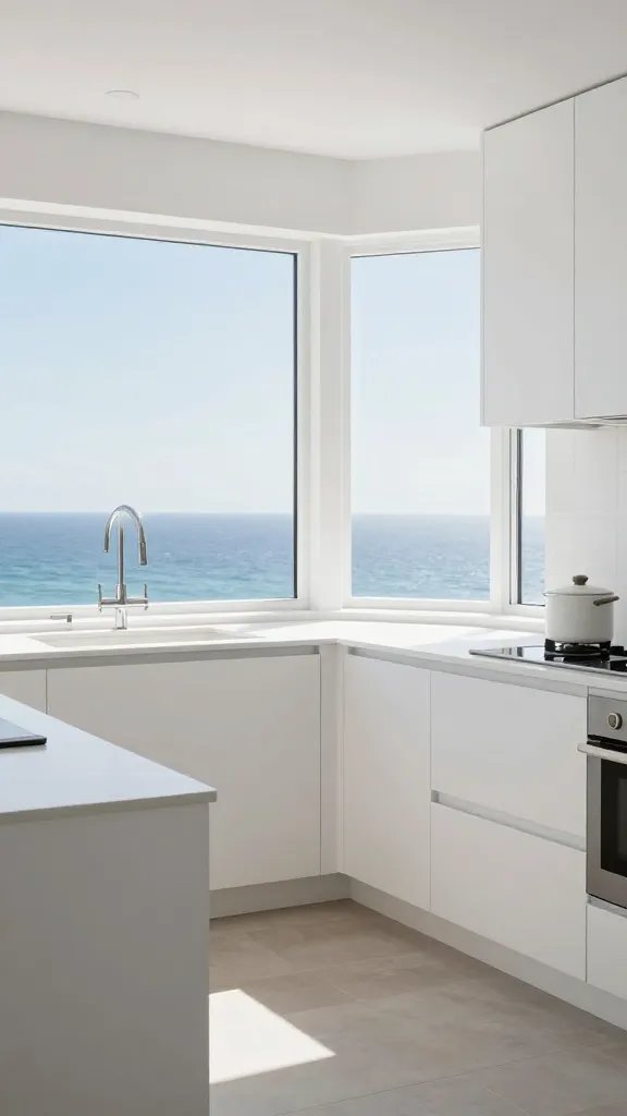 Airy white kitchen with large ocean view windows