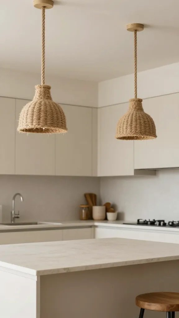 Sandy beige kitchen with natural rope pendant lights