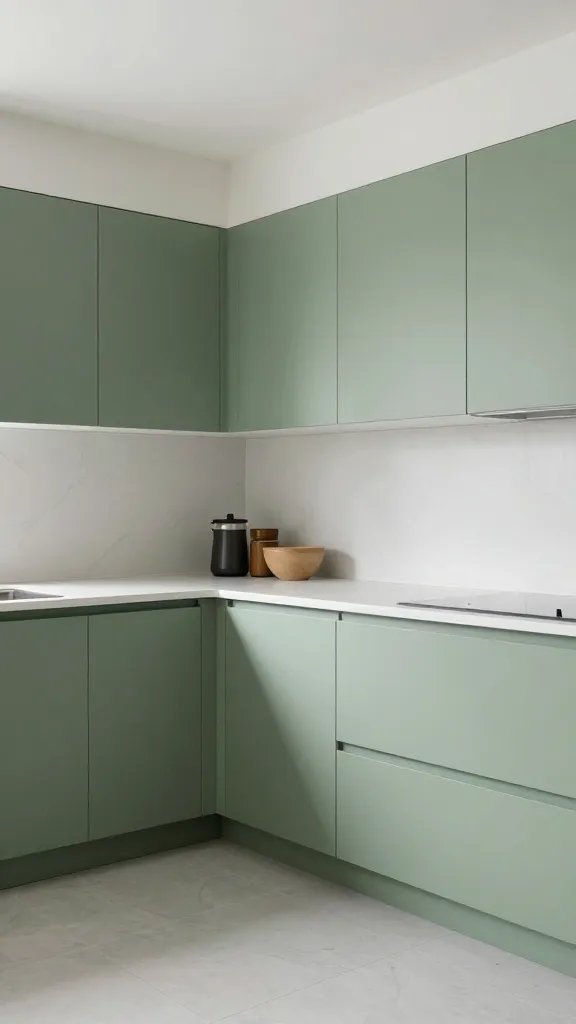 Soft seafoam green kitchen cabinet closeup detail