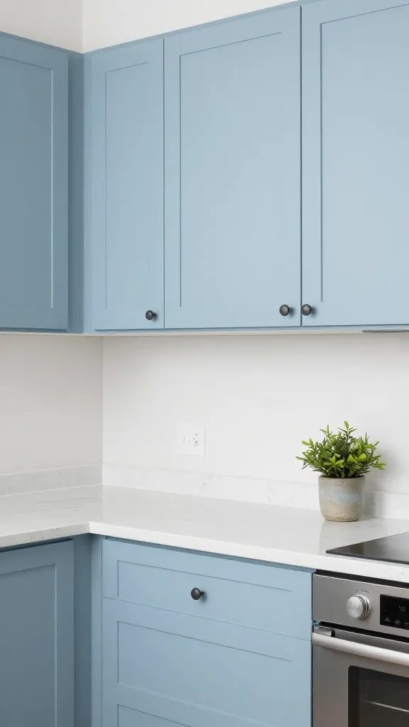 Pale blue kitchen cabinets with white quartz countertops