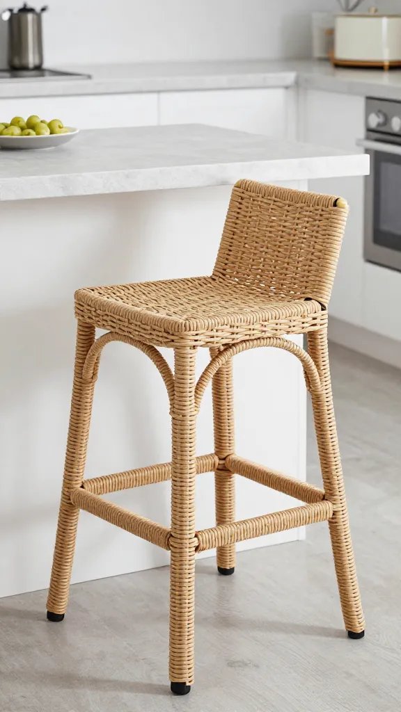 Coastal kitchen with woven rattan bar stools
