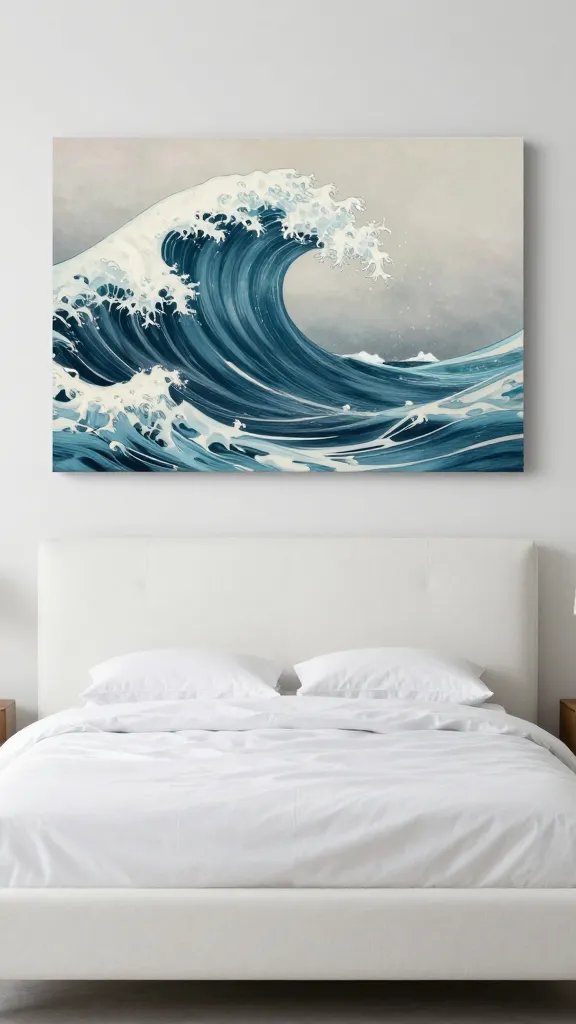 Oversized coastal wave art above white upholstered bed