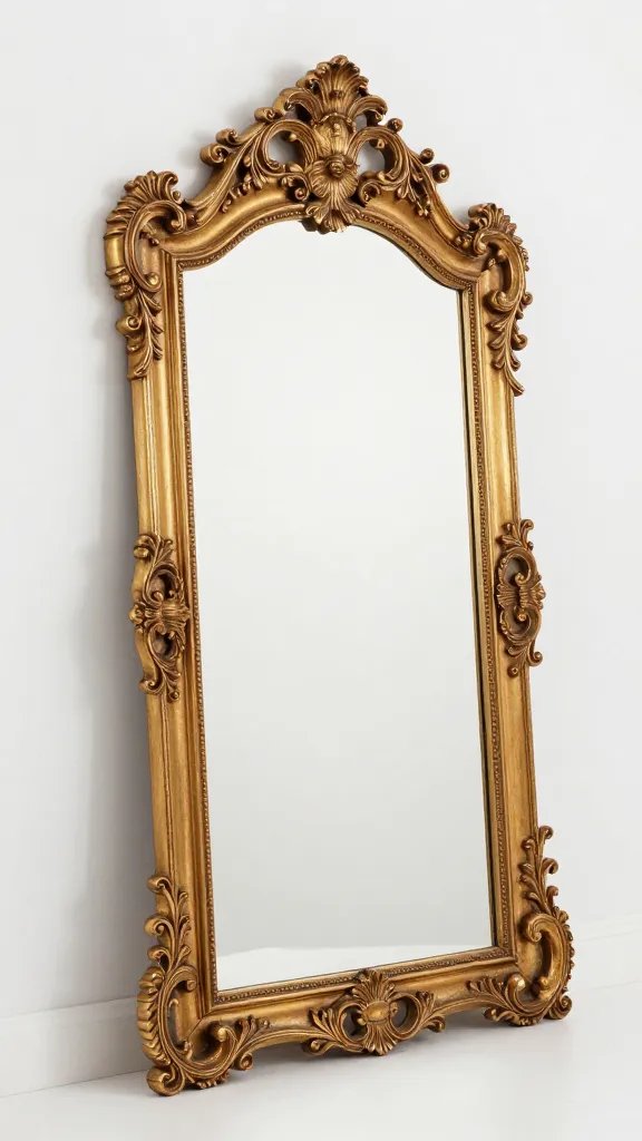 Ornate gold vintage mirror leaning against white wall