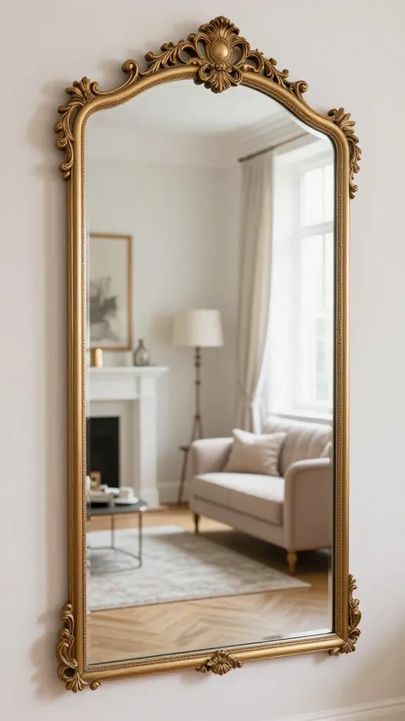 Vintage Parisian-style mirror reflecting bright feminine apartment interior