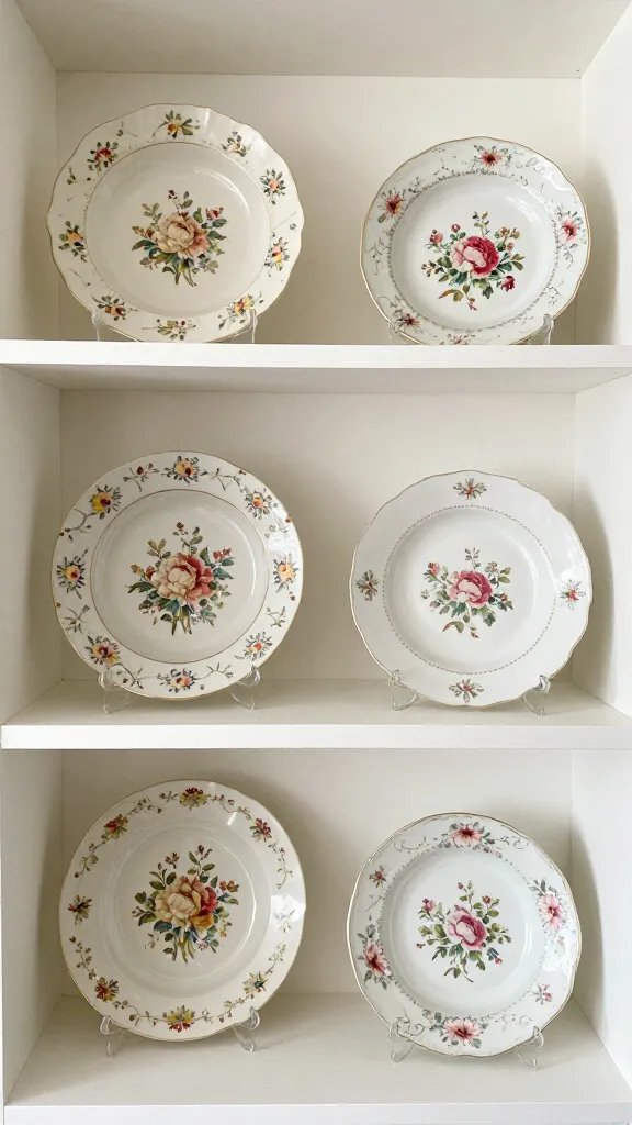 Vintage floral dishes displayed on white open shelving
