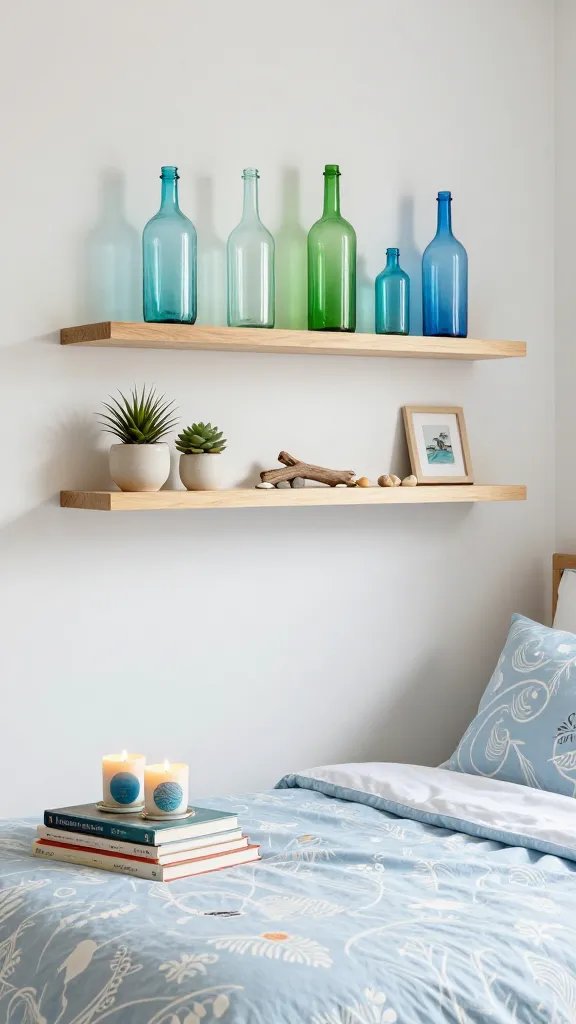 Large botanical palm print above cozy neutral bedroom