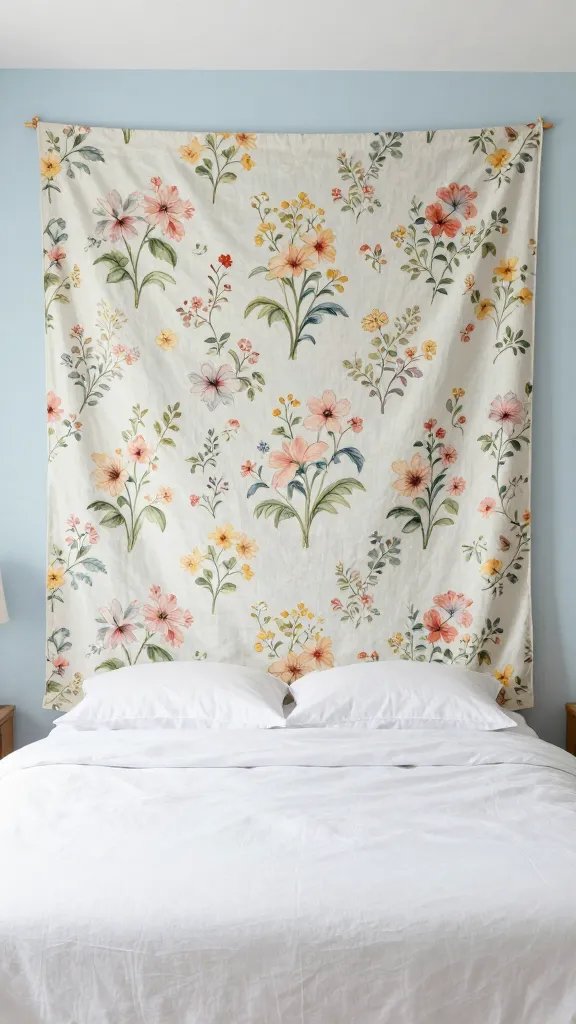 Abstract ocean artwork above bed with summer linens