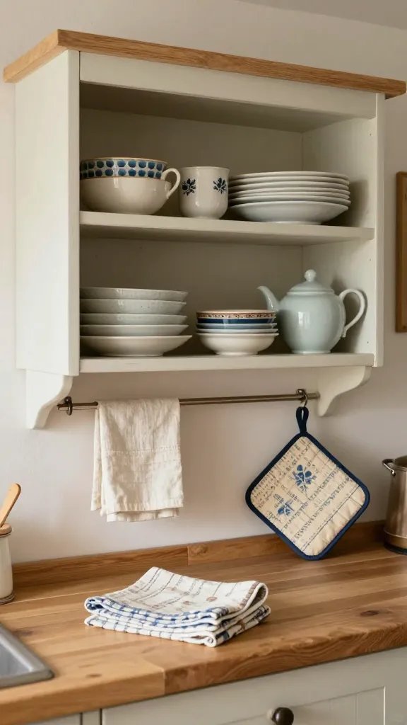 Cozy cottage kitchen with open shelving and vintage dishware