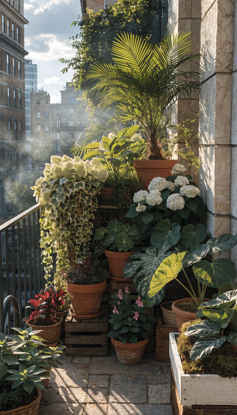 Vibrant corner balcony, diverse potted plants, morning light.