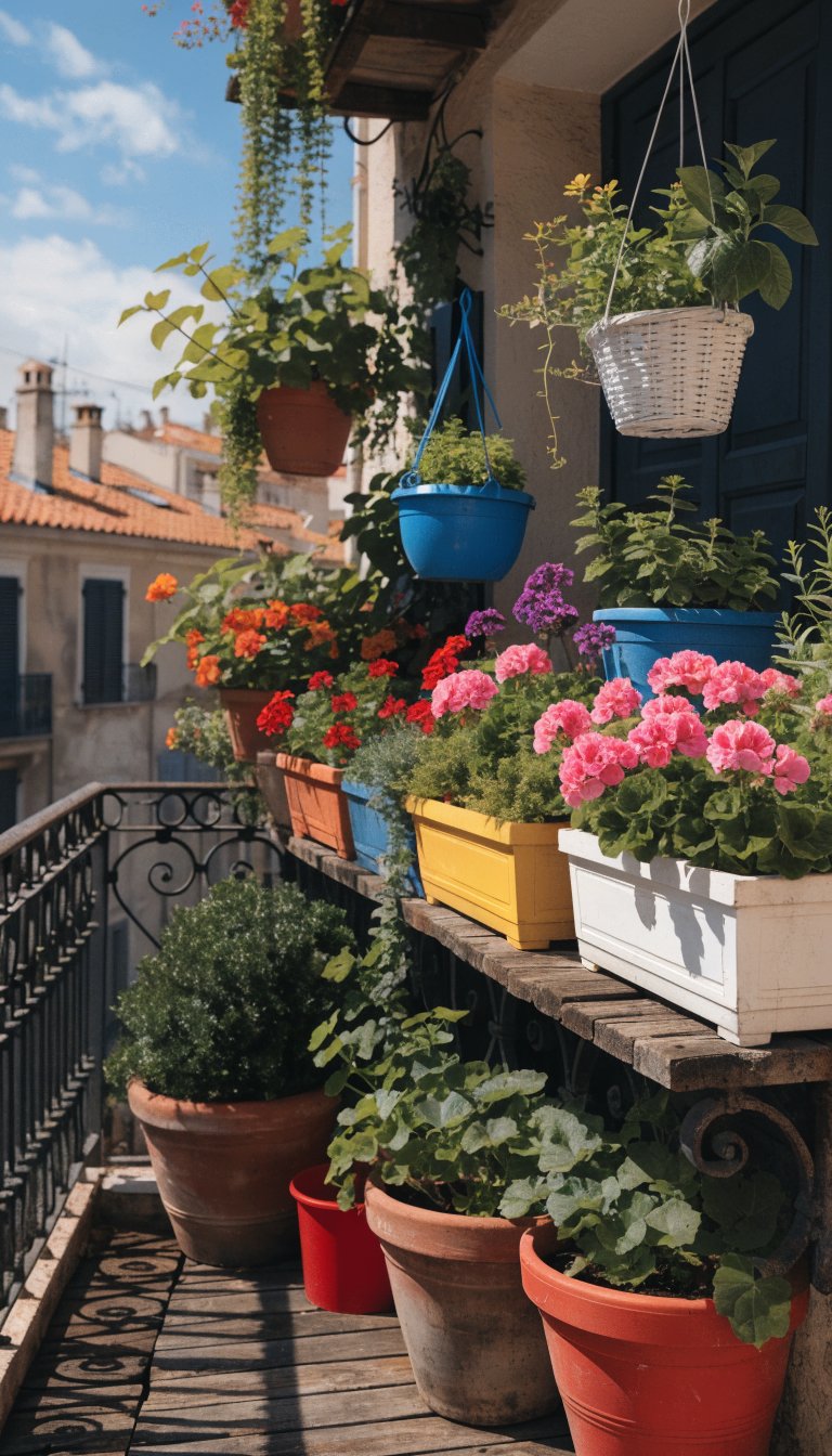 Tiny balcony, tiered planters, hanging plants, vibrant.