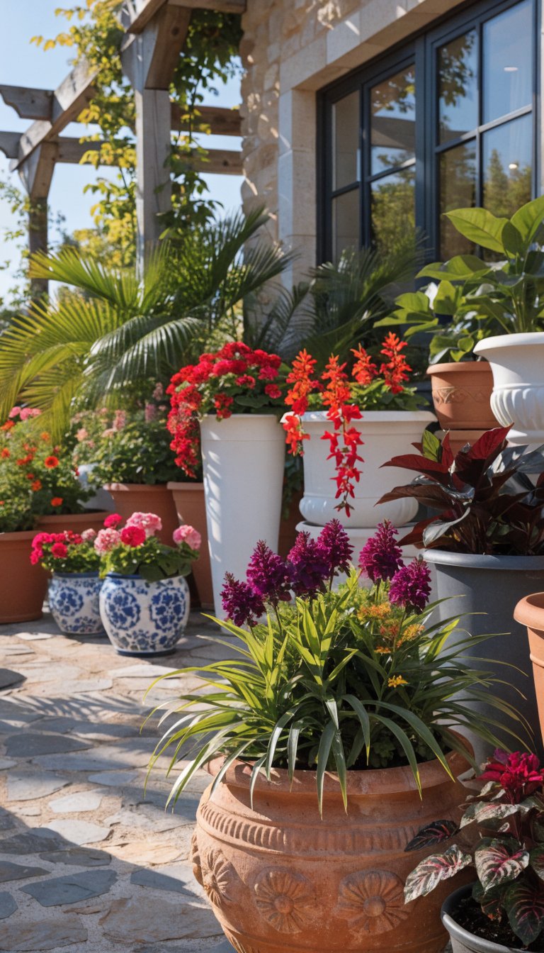 Lush patio oasis, colorful flowering potted plants.