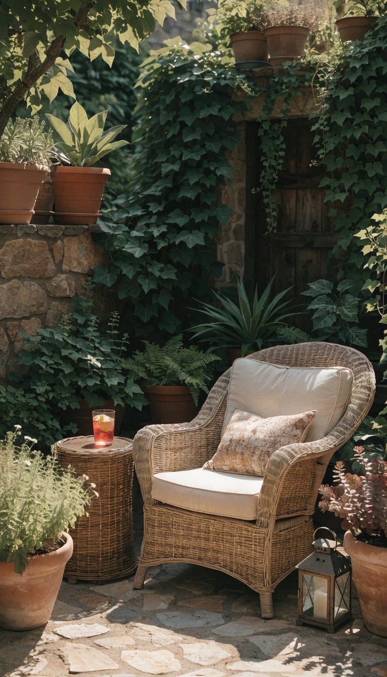 Cozy patio nook, armchair, abundant potted greenery.