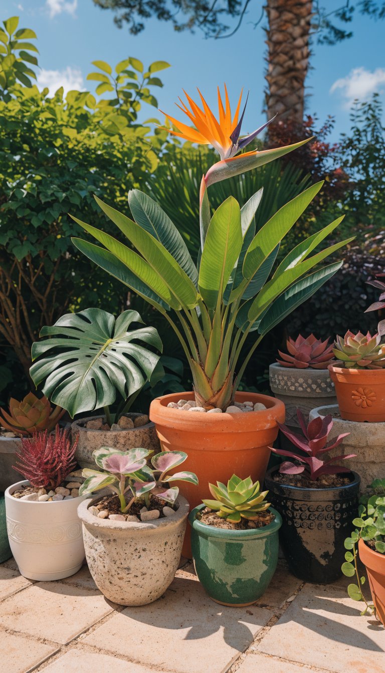 Eclectic potted plant arrangement, various textures, sunny patio.