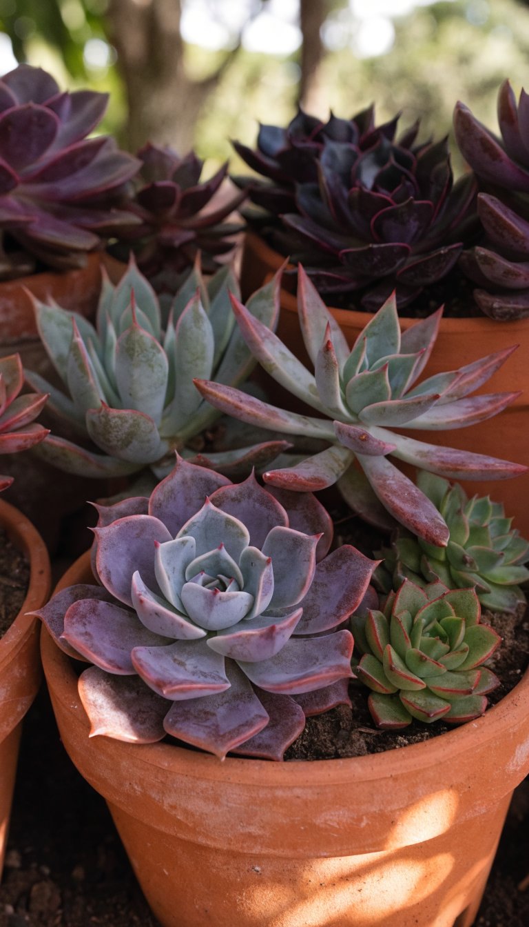 Close up, vibrant succulents, terracotta pots, sun dappled.
