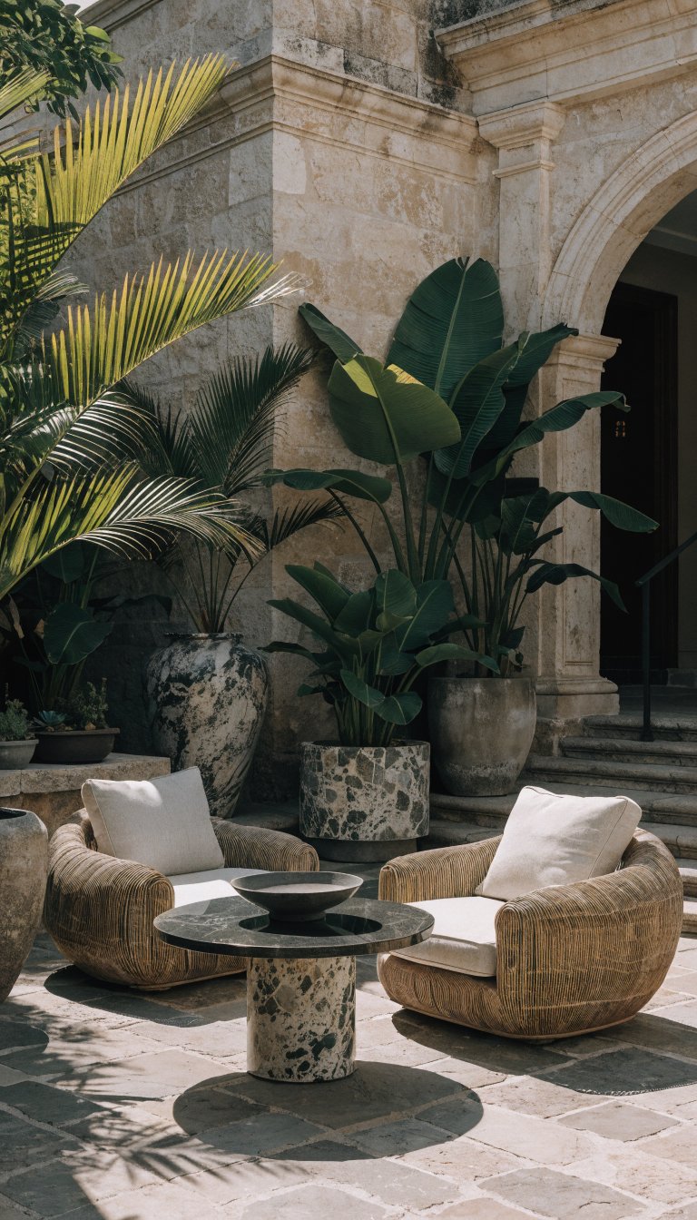 Elegant patio, lush green potted plants, sophisticated design.