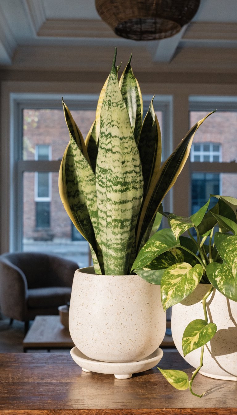Snake plant and pothos on modern living room shelf