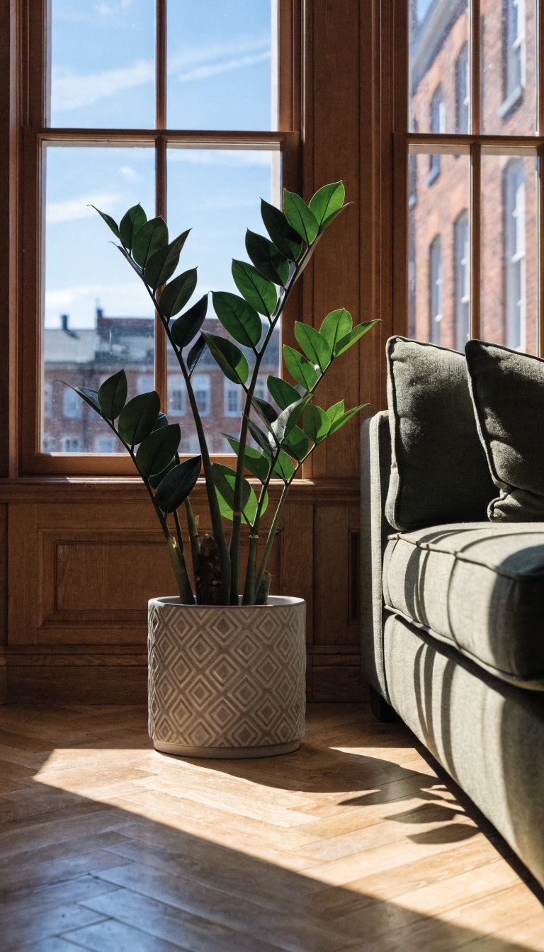 Bright living room corner with ZZ plant in ceramic pot