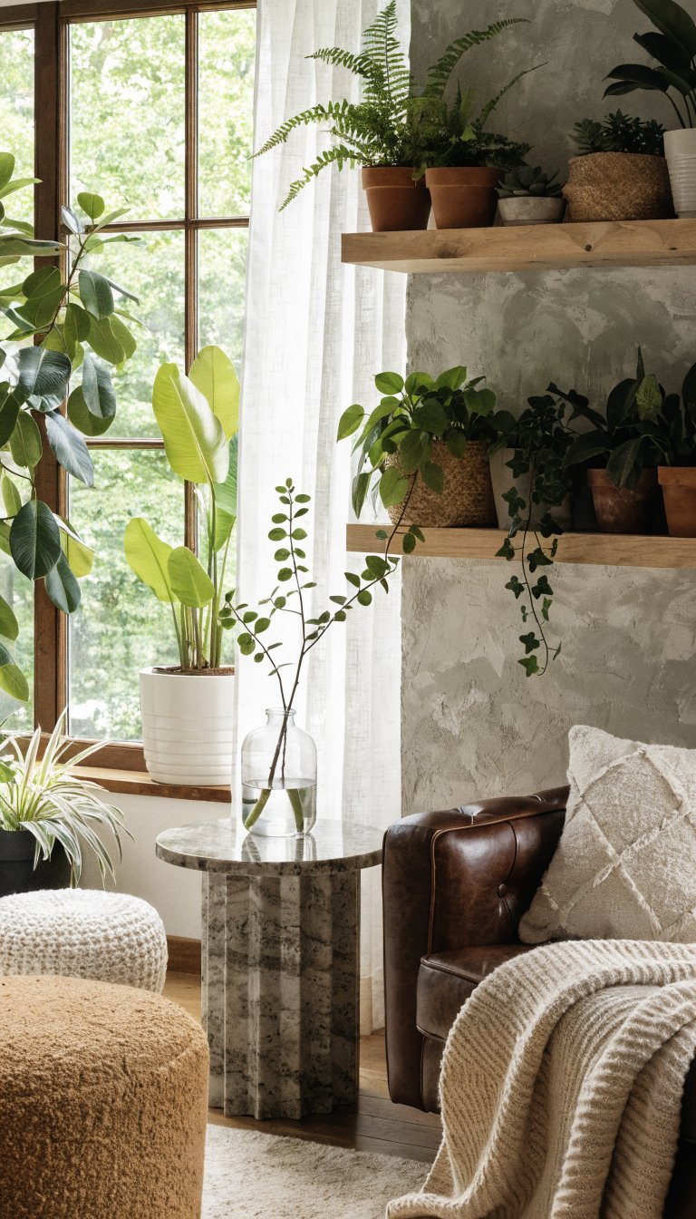 Cozy living room with multiple green plants on shelves