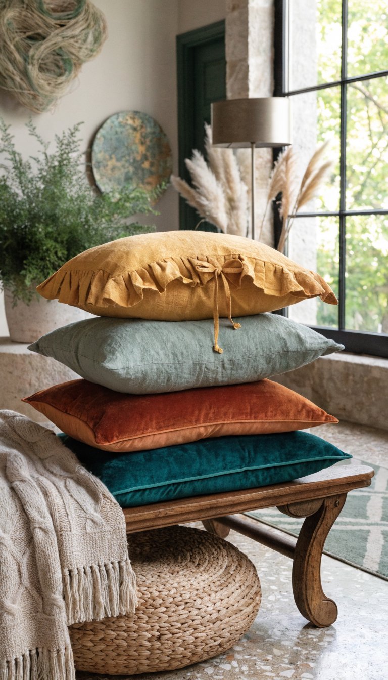 Natural wood coffee table with succulents in white planters