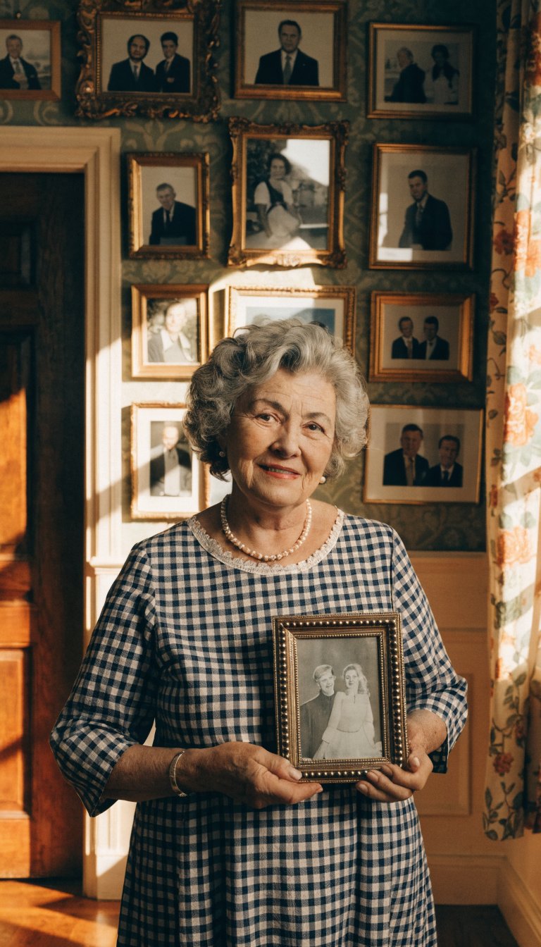 **A smiling 60-year-old Caucasian grandmother holding a vintage-style photo frame with a black-and-white wedding picture, surrounded by a gallery wall of mixed-size family photos in gold frames.**