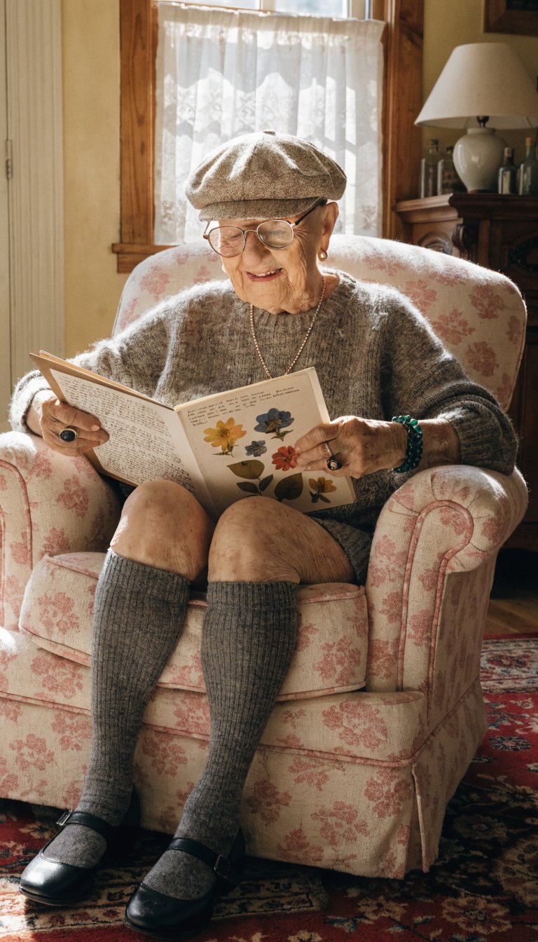 **A cozy living room corner with a floral armchair, where the grandmother sits smiling, holding a scrapbook open to a page of pressed flowers and handwritten notes.**