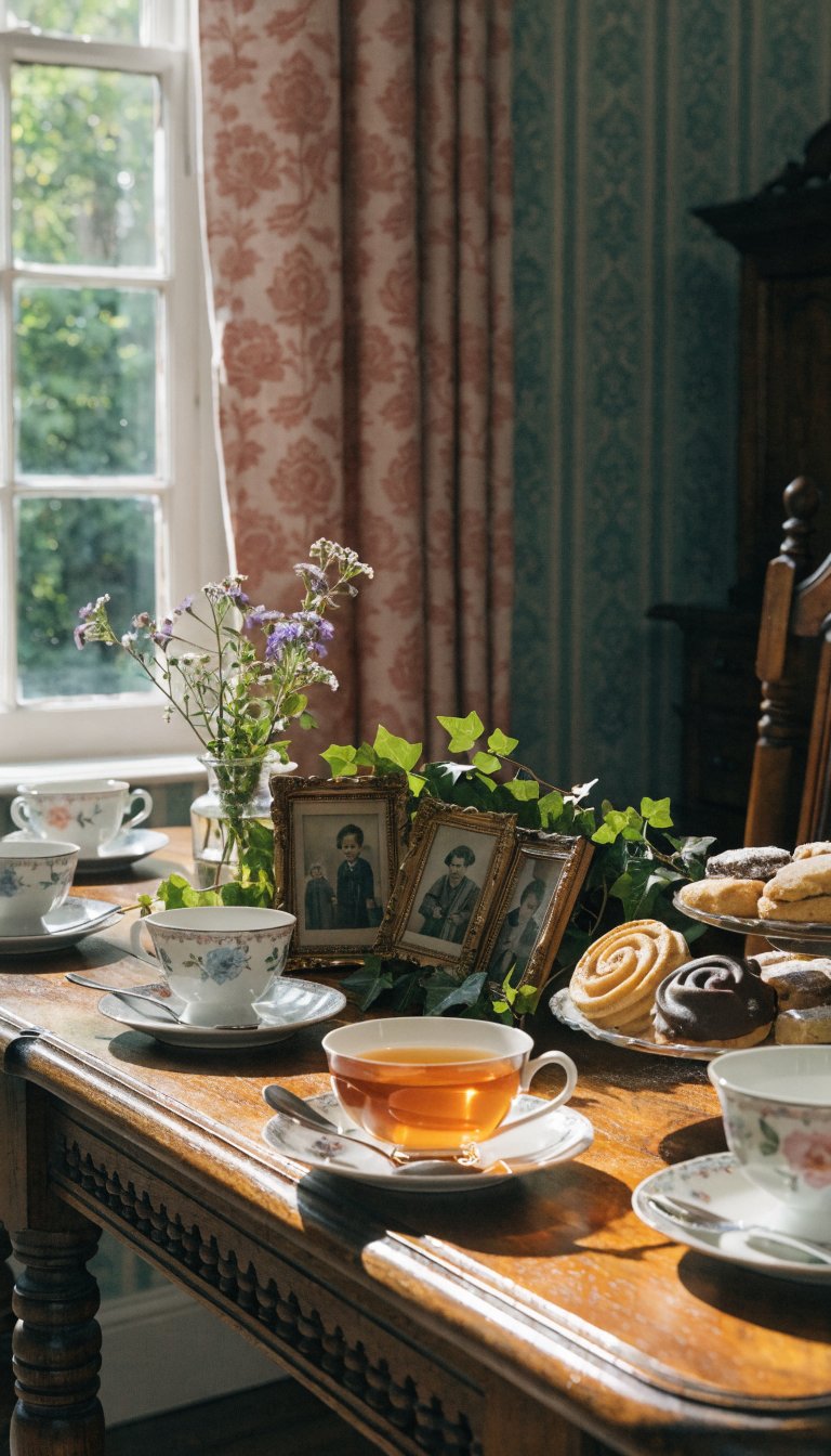 **A dining table set for tea with delicate china, a tiered cake stand of homemade cookies, and a centerpiece of framed childhood photos intertwined with ivy.**