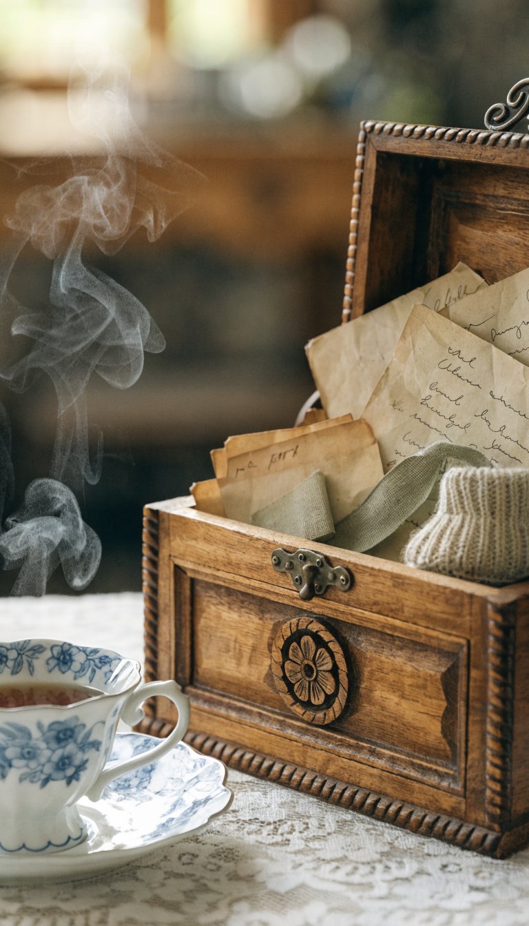 **A close-up of a memory box filled with yellowed letters, a baby’s first shoe, and a faded ribbon, resting on a lace tablecloth beside a steaming teacup.**Each prompt ensures rich, detailed scenes that align with the sentimental decorating theme while maintaining professional quality. No text in images.