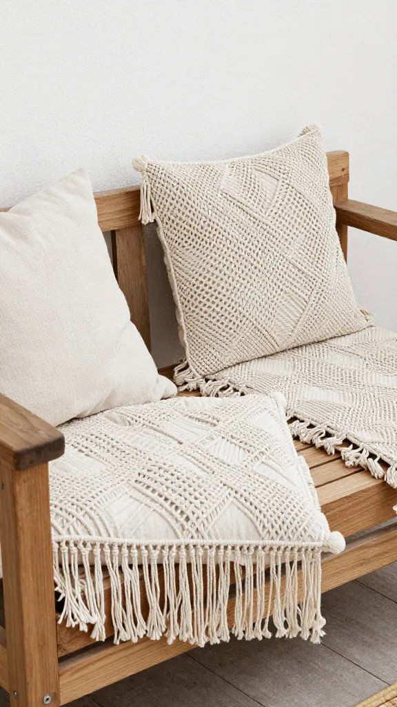 Boho patio with wooden furniture and macrame cushions