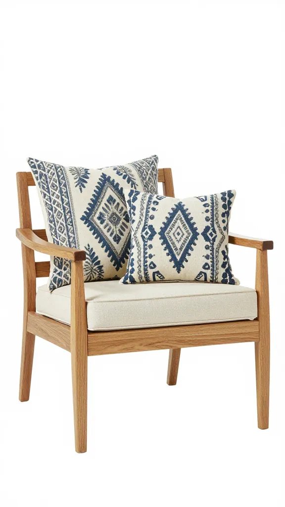 Natural teak outdoor chair with patterned bohemian throw pillows