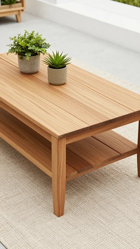 Wooden coffee table with plants on textured outdoor rug