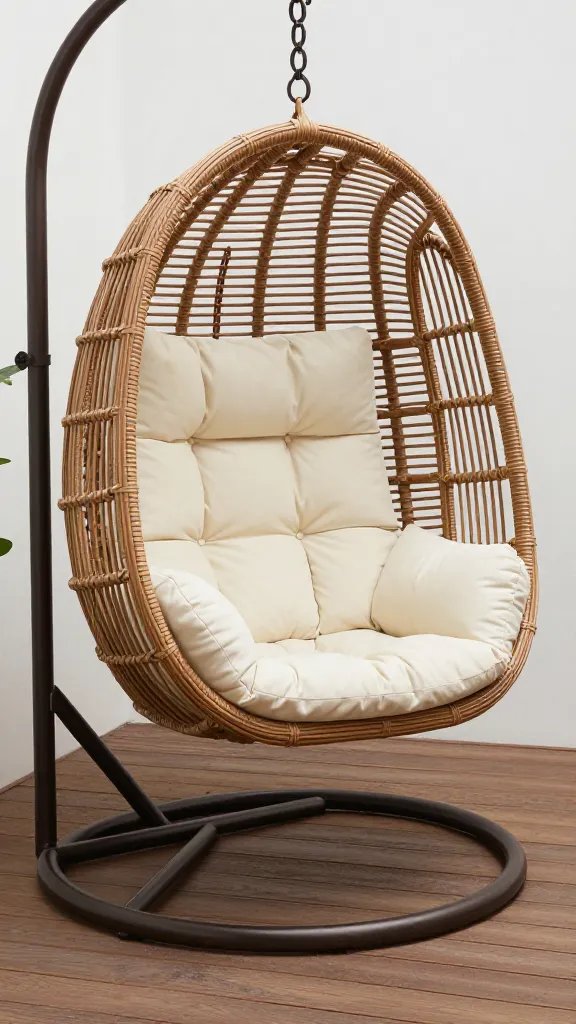 Rattan hanging chair with cream cushions near wood deck